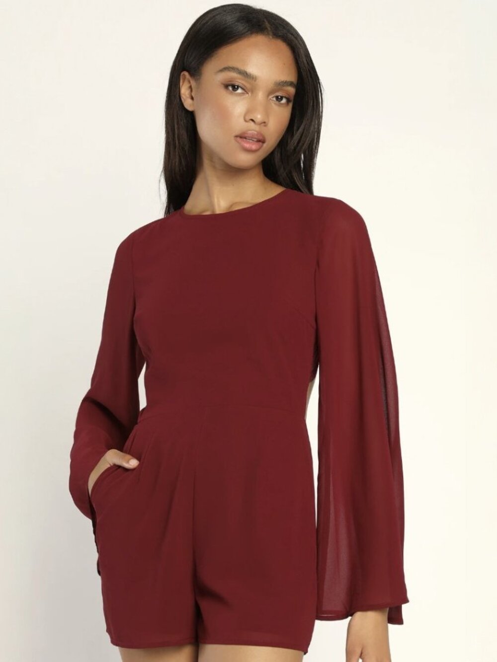Lulus Poised and Playful Burgundy Long Sleeve Backless Romper NWT - Picture 3 of 9